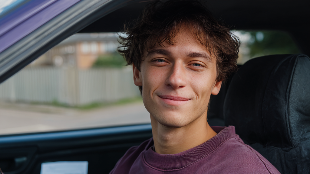 Jonge man die achter het stuur zit in een geparkeerde paarse auto